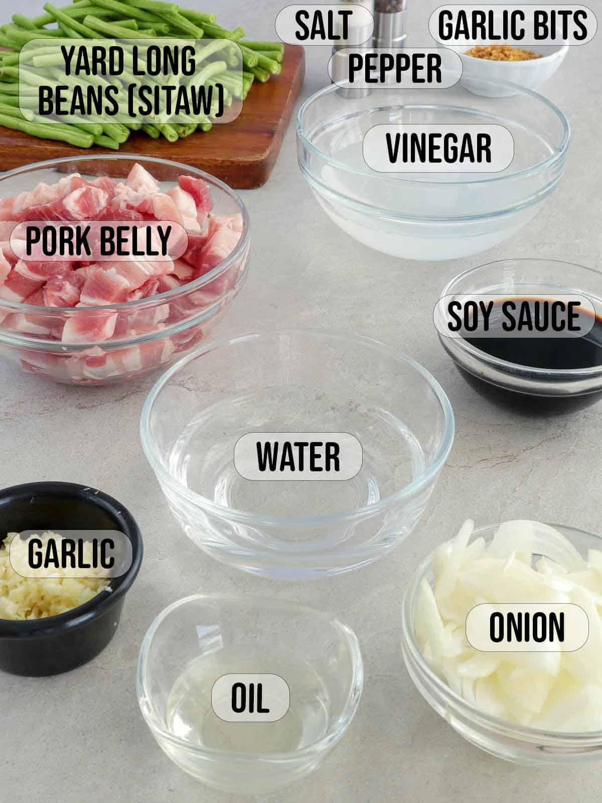 long beans, chopped pork belly, vinegar, soy sauce, onions, garlic, salt, pepper, oil, water in bowls.