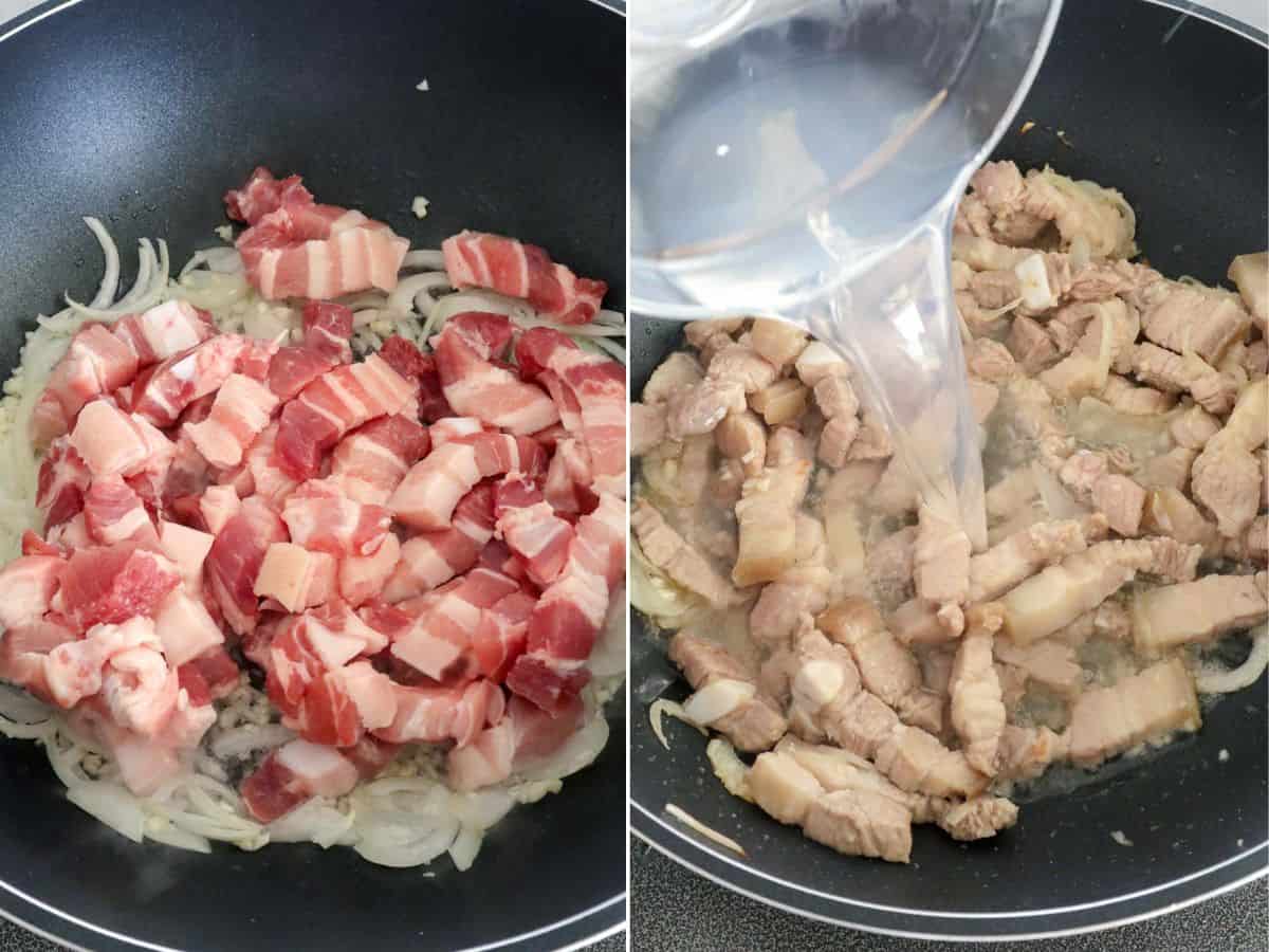 browning pork belly in a pan with aromatics and adding vinegar.