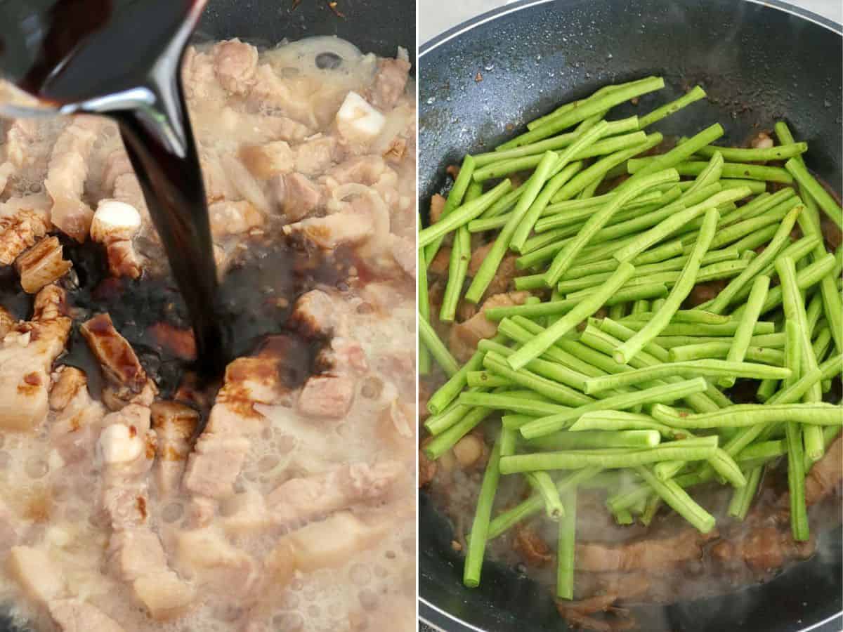 cooking adobong sitaw in a pan.