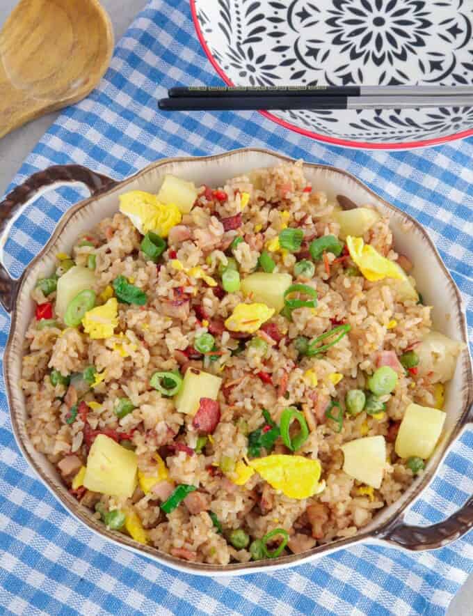 Hawaiian Fried Rice in a white serving bowl.