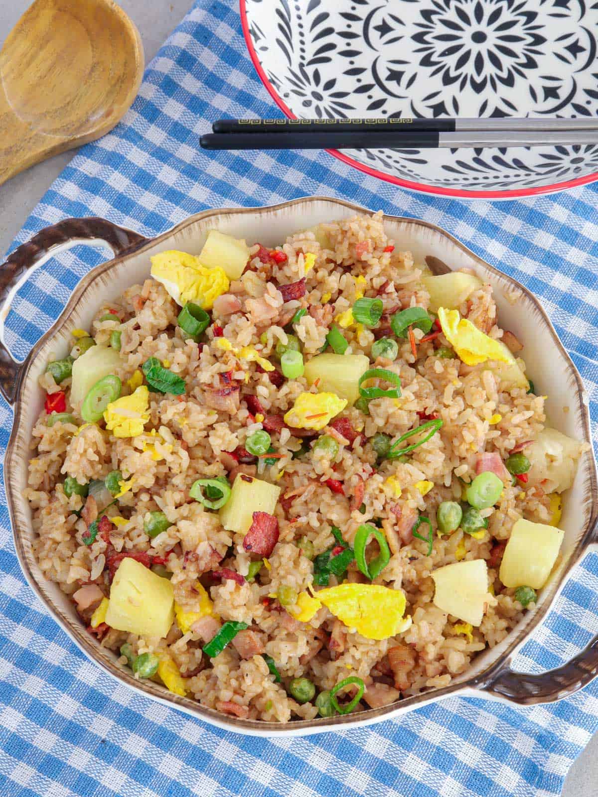 Hawaiian Fried Rice in a  white serving bowl.