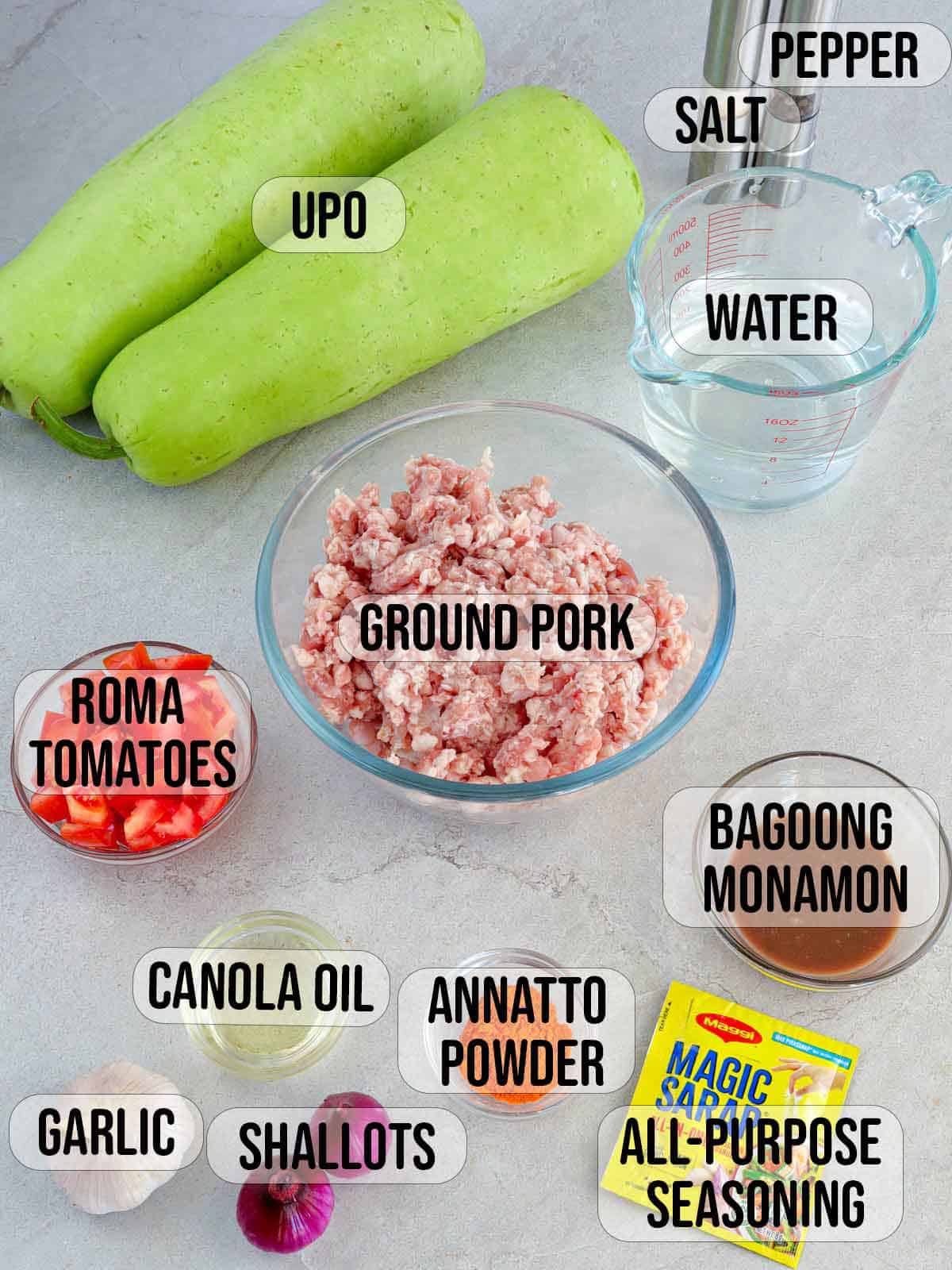 upo, ground pork, tomatoes, magic sarap packet, garlic, onions, annatto powder, water, bagoong monamon, oil.