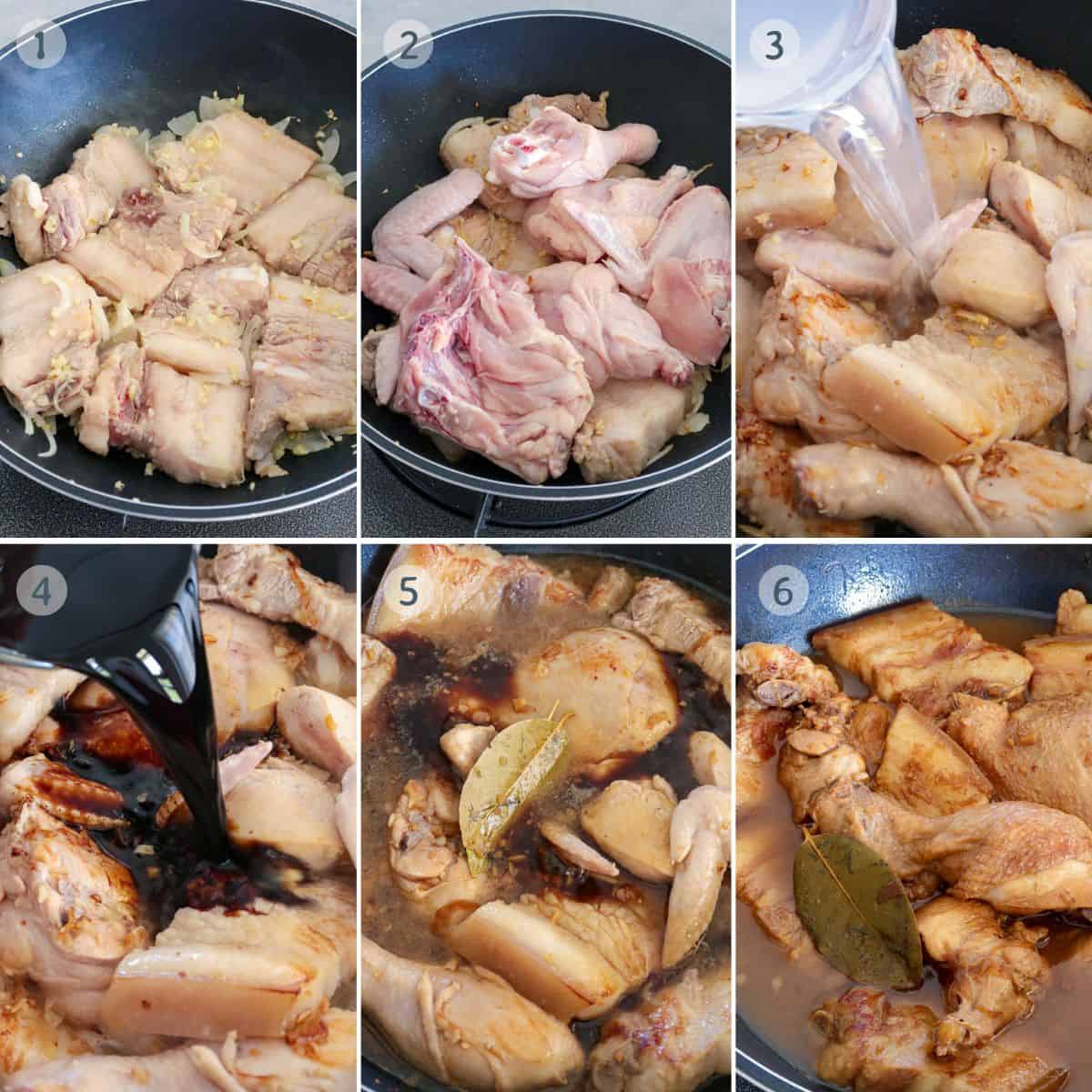 cooking Chicken and Pork Adobo in a pan.