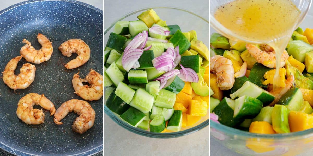 making Grilled Shrimp Mango Avocado Salad with honey-lime dressing.