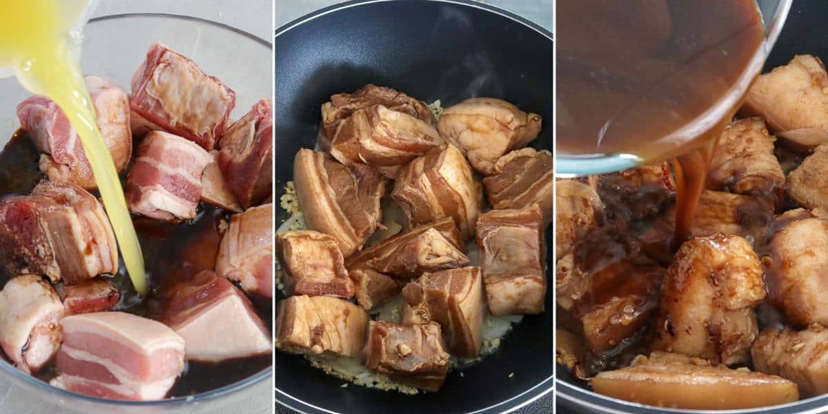 marinating and browning pork belly.