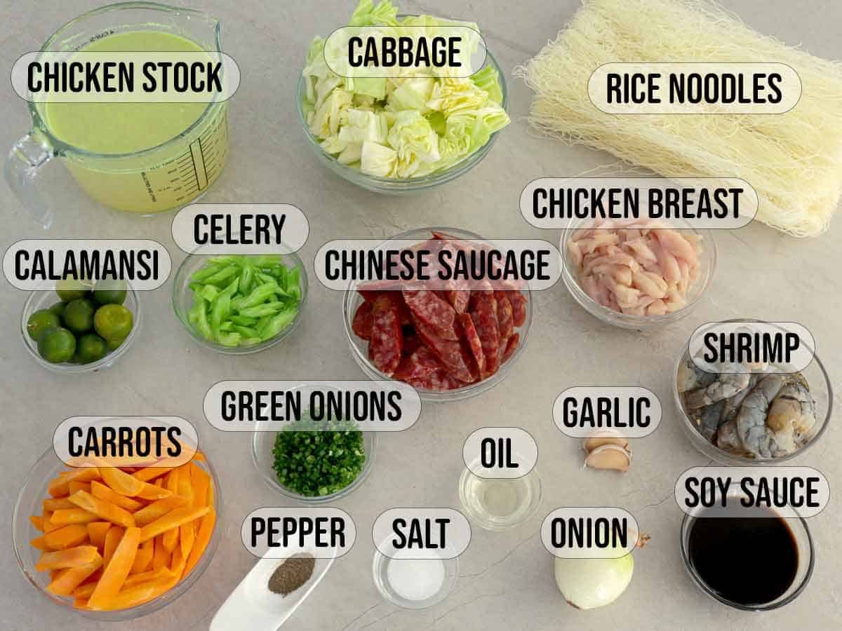 Pancit Bihon Guisado ingredients in bowls.