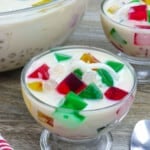 Buko Sago Jelly Salad in glasses with big bowl in the background.