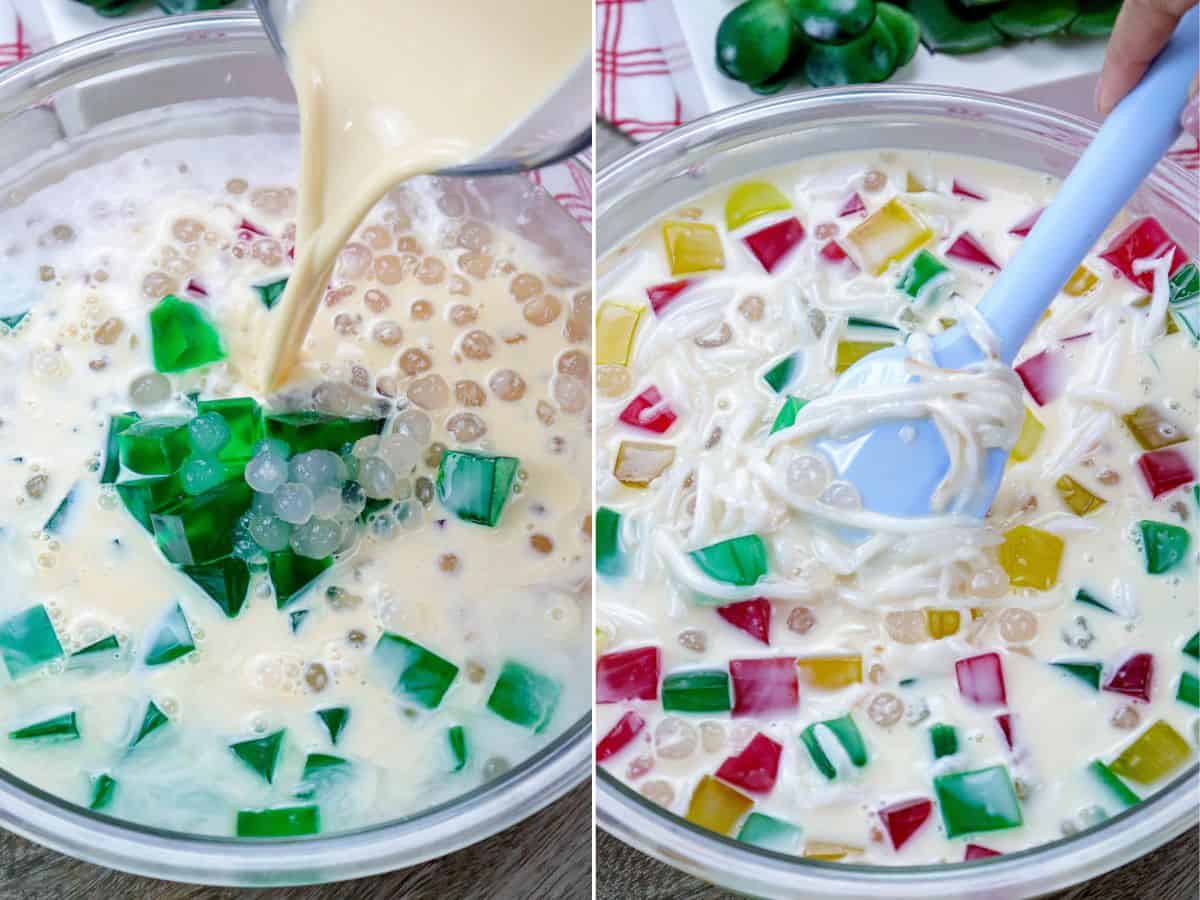 making buko sago jelly salad in a large glass bowl.