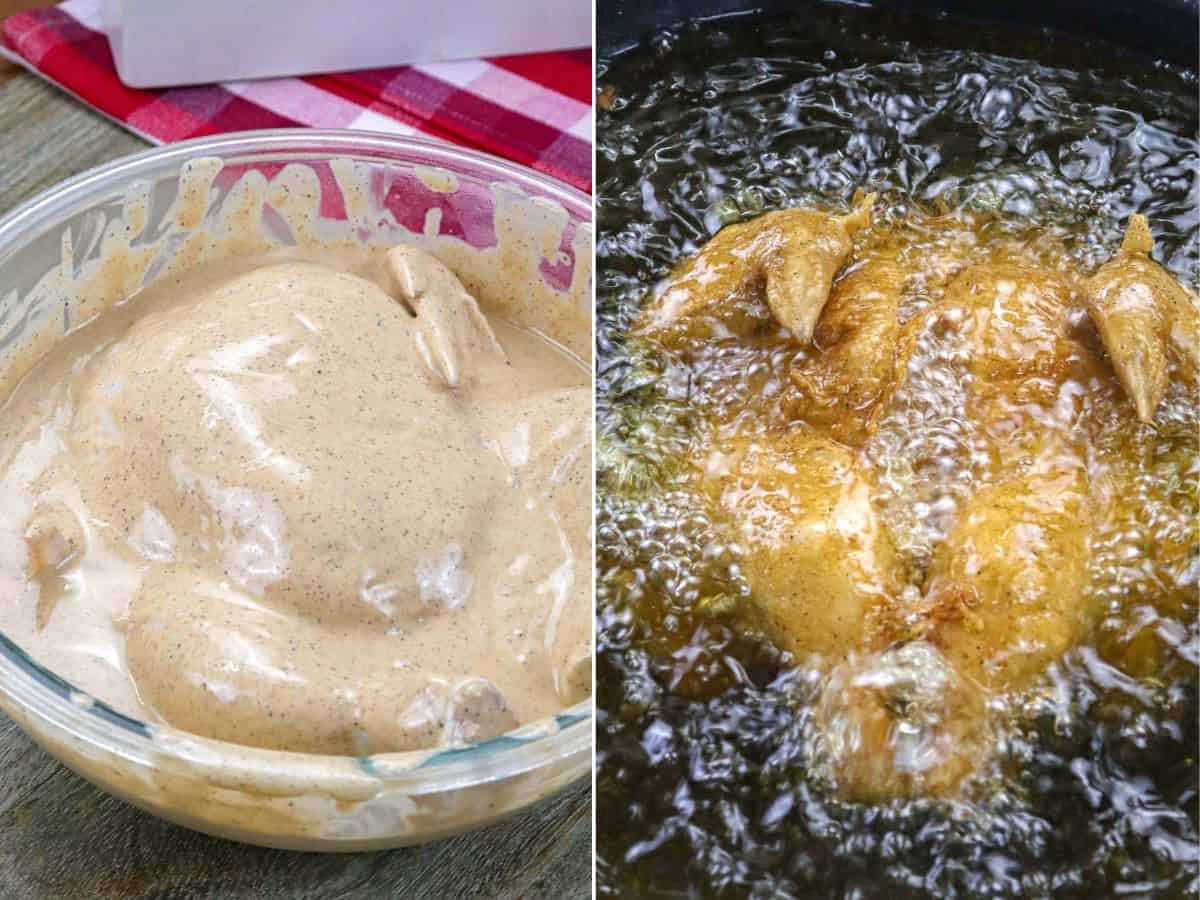 deep-frying spatchcocked batter chicken in hot oil.