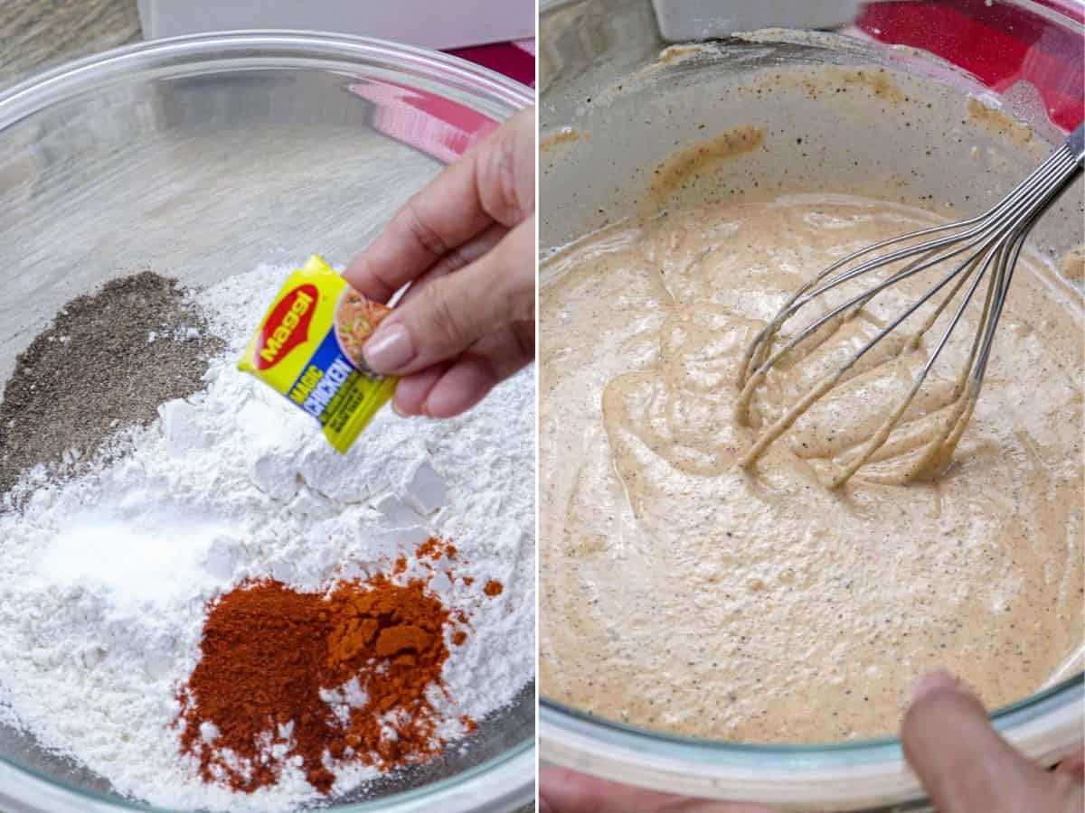 making the batter in a bowl for crispy fried chicken.