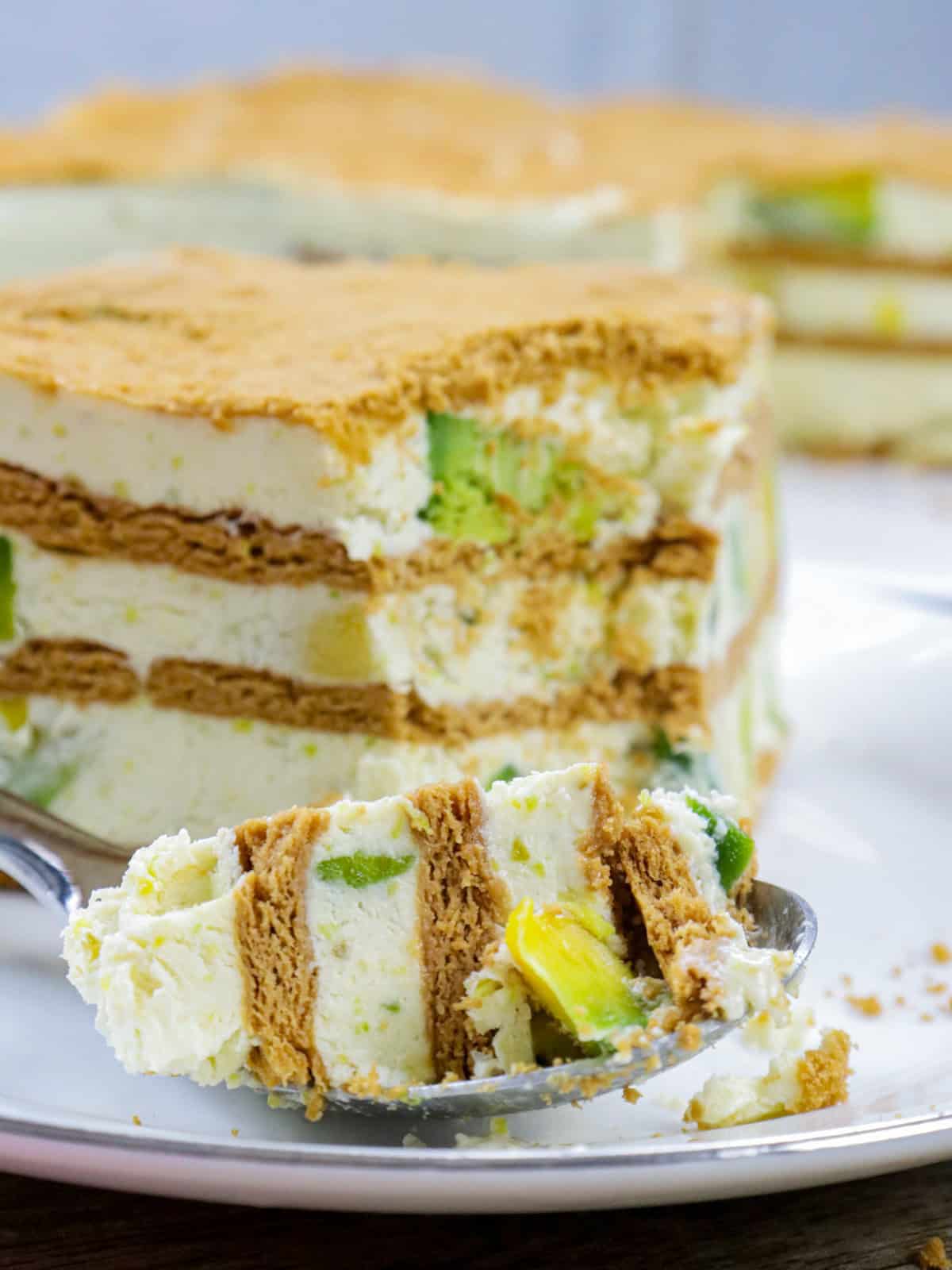 eating aAvocado Graham Cake with a spoon.