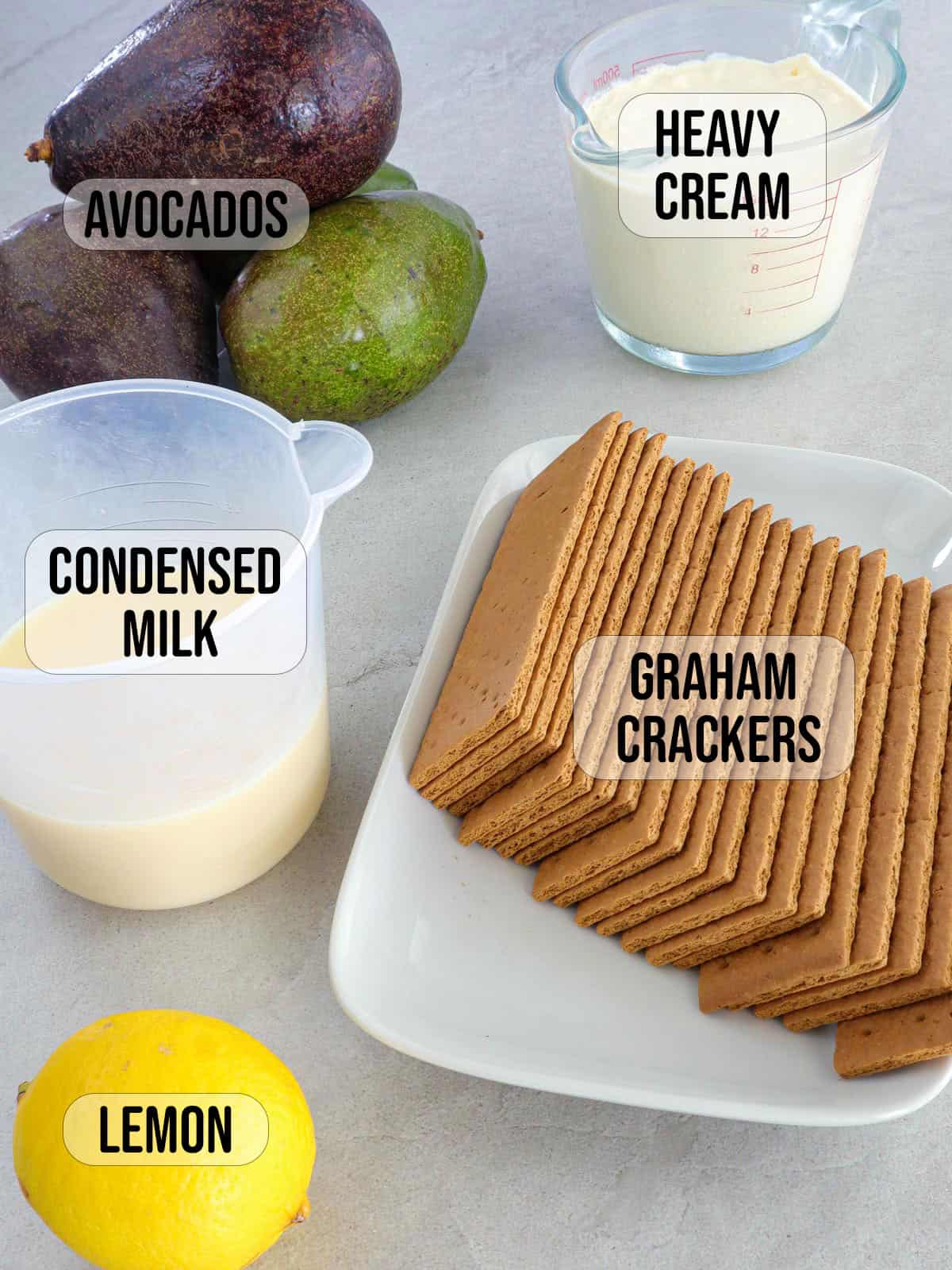 heavy cream, avocados, lemon, condensed milk, graham crackers.
