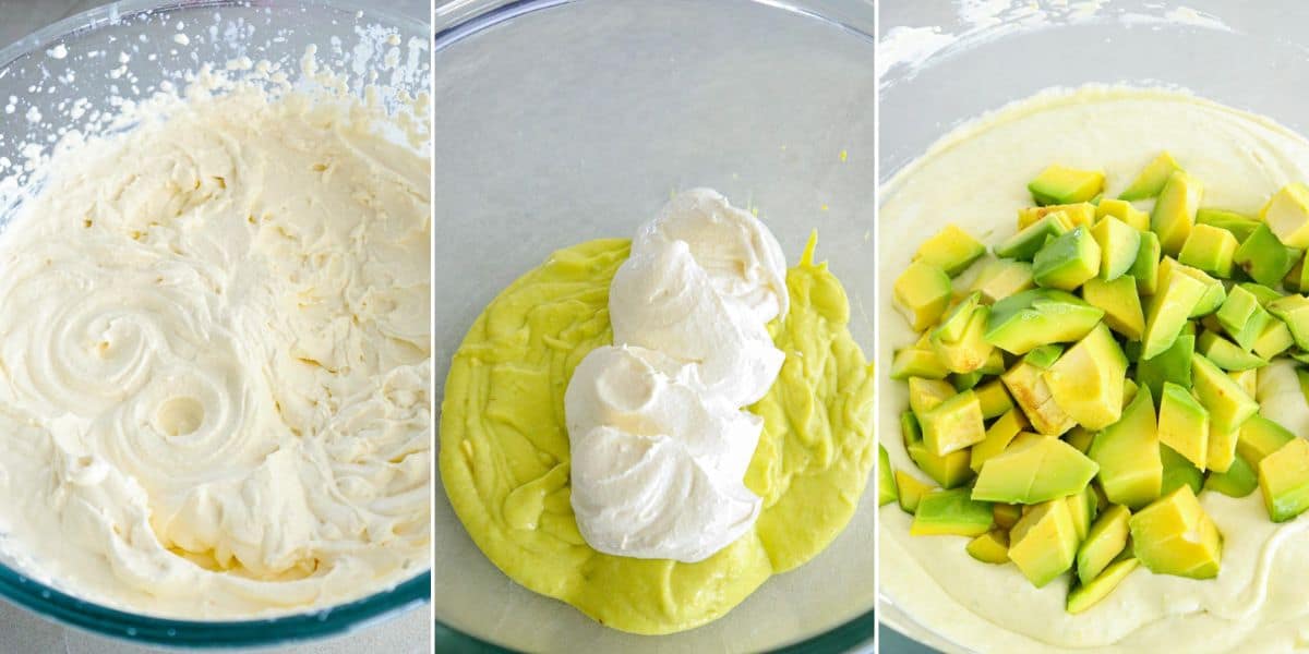 folding in whipped cream and chopped avocados into sweetened puree avocado.