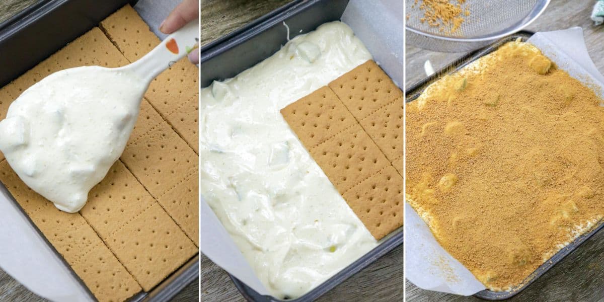 assembling avocado graham cake in a square pan.
