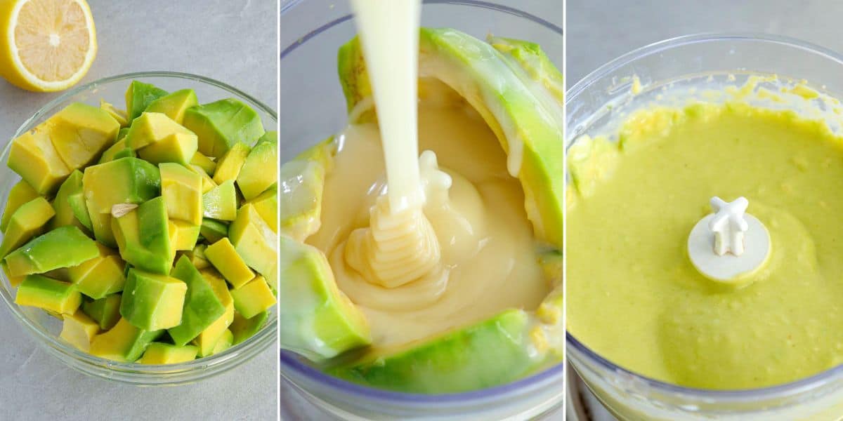 pureeing avocados with condensed milk in a food processor.