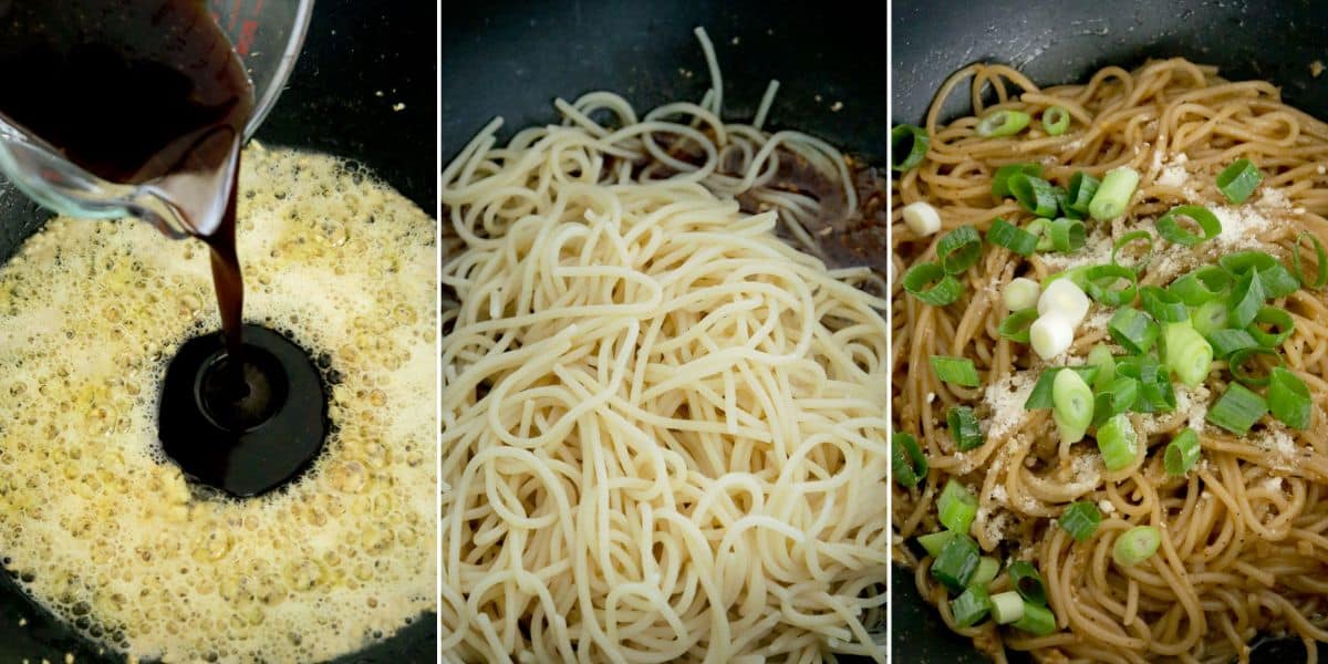 cooking Asian garlic noodles in a pan.