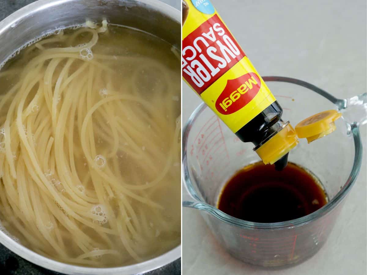cooking the spaghetti in a pot and making the sauce in a measuring cup for Asian garlic noodles.