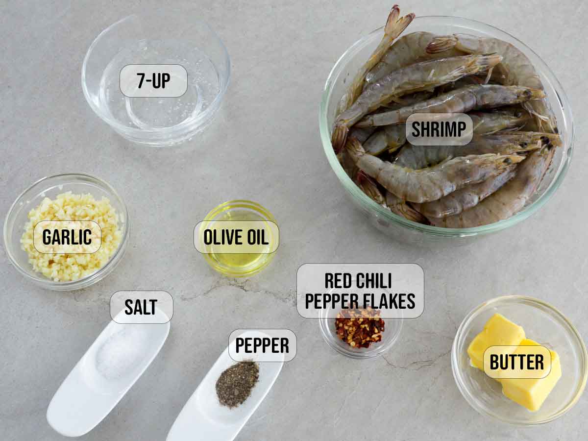 shrimp, garlic, red chili pepper flakes, butter, oil, salt, pepper, soda for garlic butter shrimp recipe.