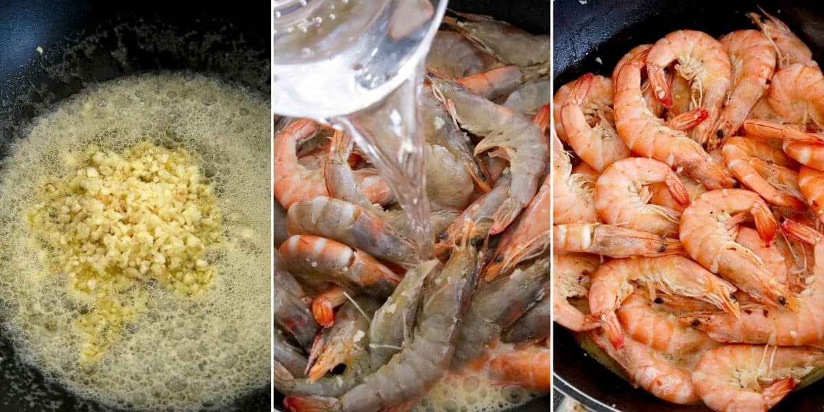 cooking halabos na hipon with garlic butter sauce and 7-up in a pan.