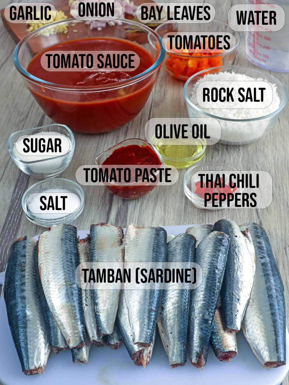 ingredients for Sardines in Tomato Sauce in bowls.