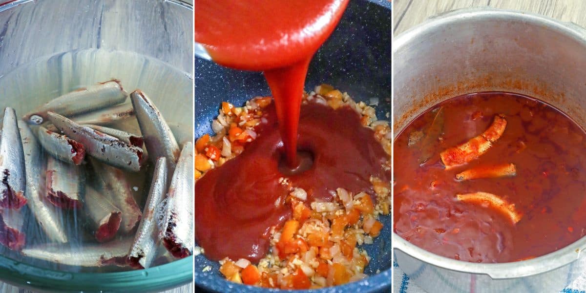 cooking Sardines in Tomato Sauce in a pressure cooker.